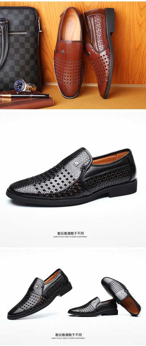 Elegant Men's Business Leather Sandals - Soft Bottom Hollow Hole Design for Middle-Aged and Elderly Dads - Comfortable Slip-On Footwear for Office and Career